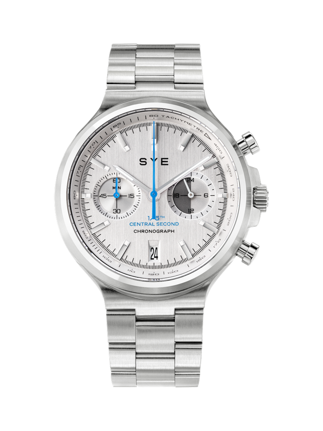 Silver SYE watch with a detailed face on a white background