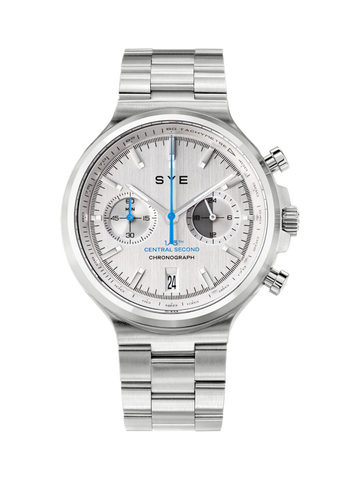Silver SYE watch with a detailed face on a white background