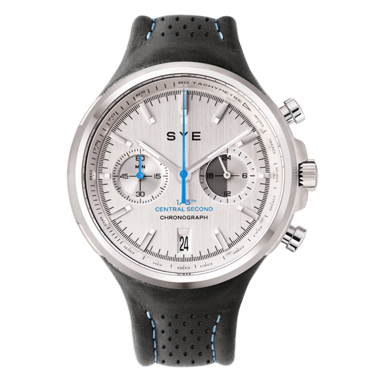 Wristwatch with a black strap and silver case on a white background