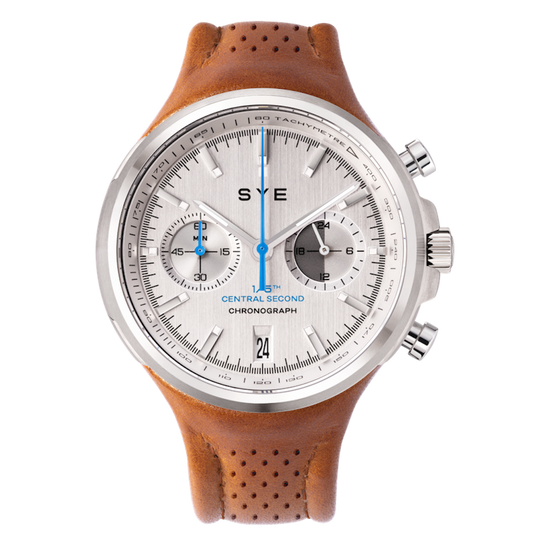 Watch with brown leather strap and silver case on white background