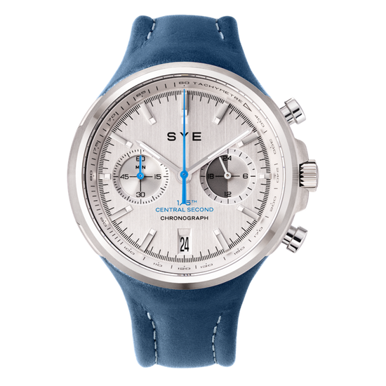 Wristwatch with blue strap and silver case on a white background