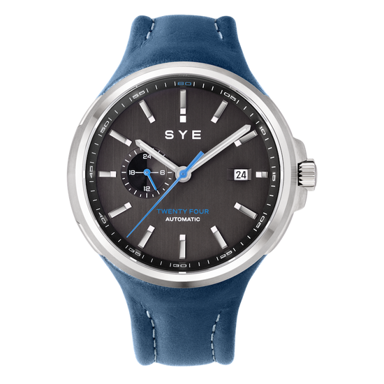 SYE watch with blue strap and black dial on a white background