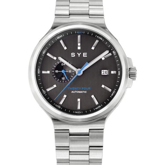 Silver watch with black dial on a white background