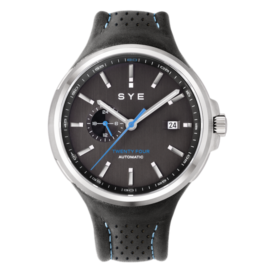 SYE watch with black dial and black strap on a white background