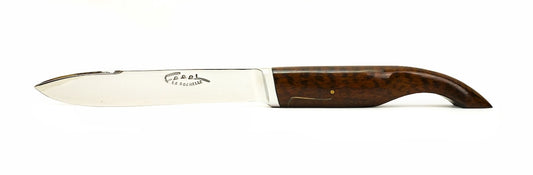 A table knife with a wooden handle and a steel blade, the knife is sharpened for meat and wide for fish, isolated on a white background.