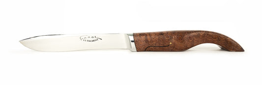 A table knife with a wooden handle, possibly made from curly bubinga, with a stainless steel blade.