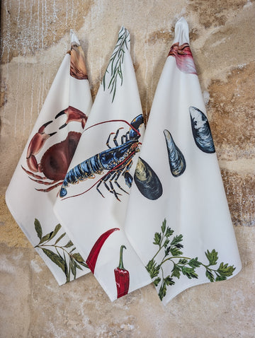 Set of 3 Tea Towels - Seafood recipes design