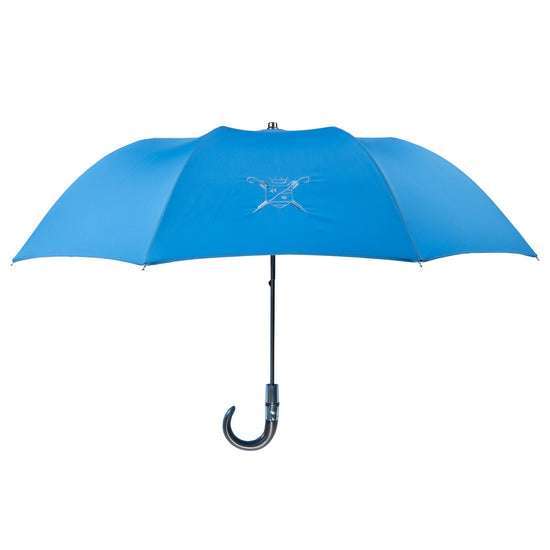 Blue umbrella with a black handle on a white background