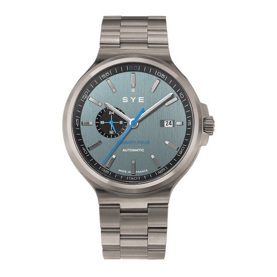 Silver watch with a blue accent on a white background