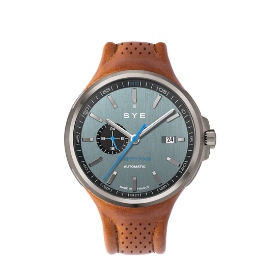 Wristwatch with brown leather strap and blue dial on white background