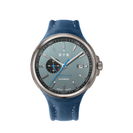 Blue SYE watch with a detailed face on a white background