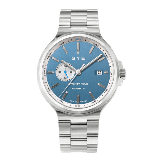 Silver watch with blue face on a white background