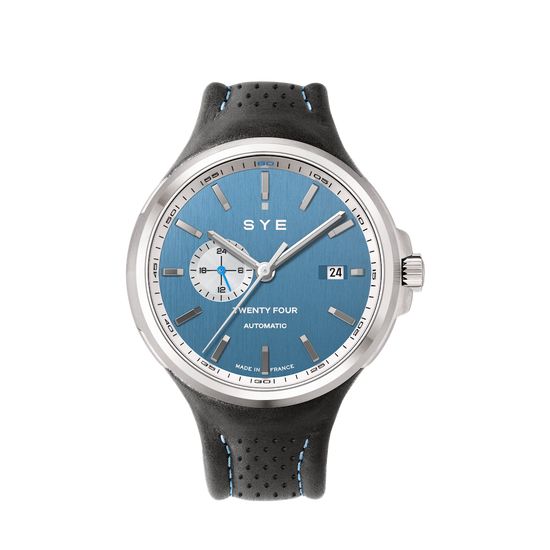 Wristwatch with blue dial and black strap on a white background