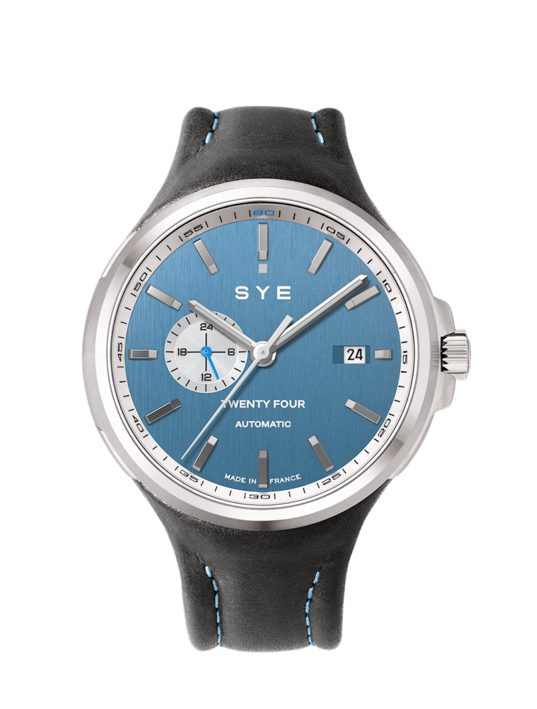 SYE watch with blue dial and black leather strap on a white background