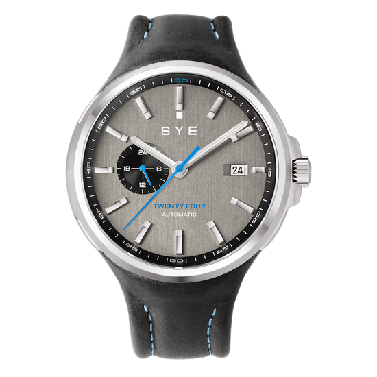 SYE watch with gray dial and black strap on a white background