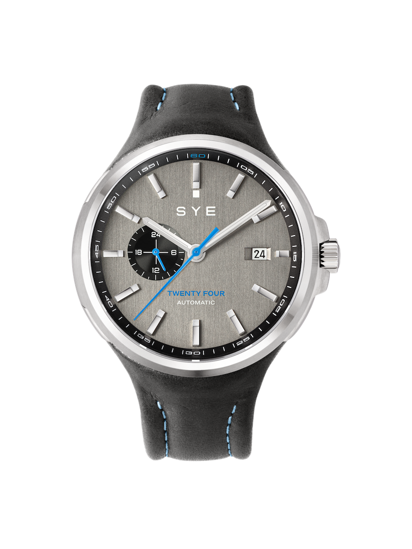 SYE watch with gray dial and black strap on a white background
