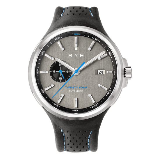 SYE watch with gray dial and black strap on a white background
