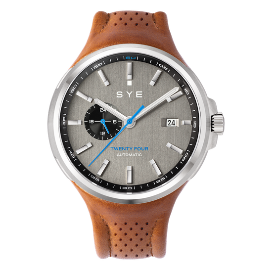 SYE watch with brown leather strap and gray dial on a white background
